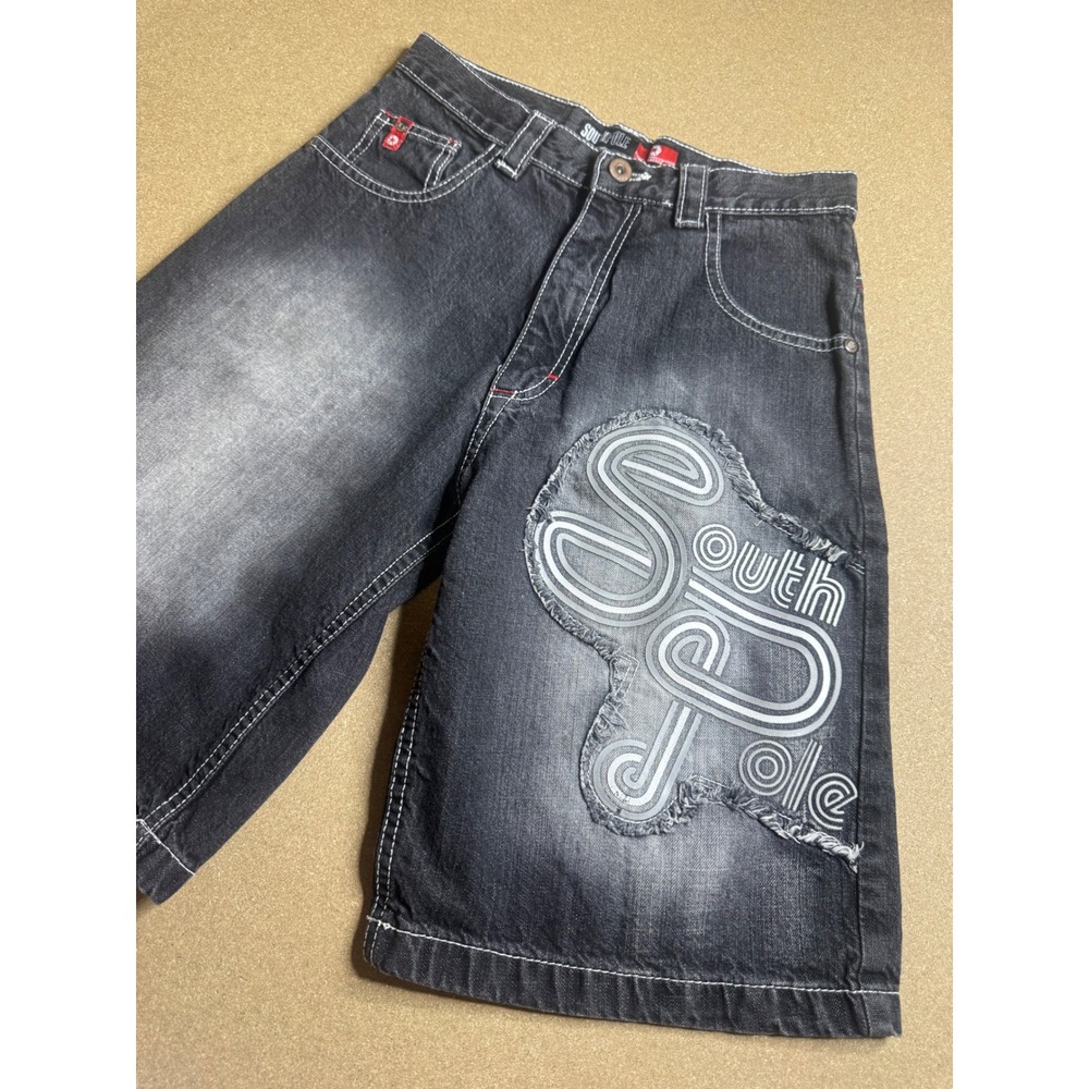 Southpole kids Y2K Baggy Denim Shorts Faded Black Graphic Logo Size 12 RN82628‎